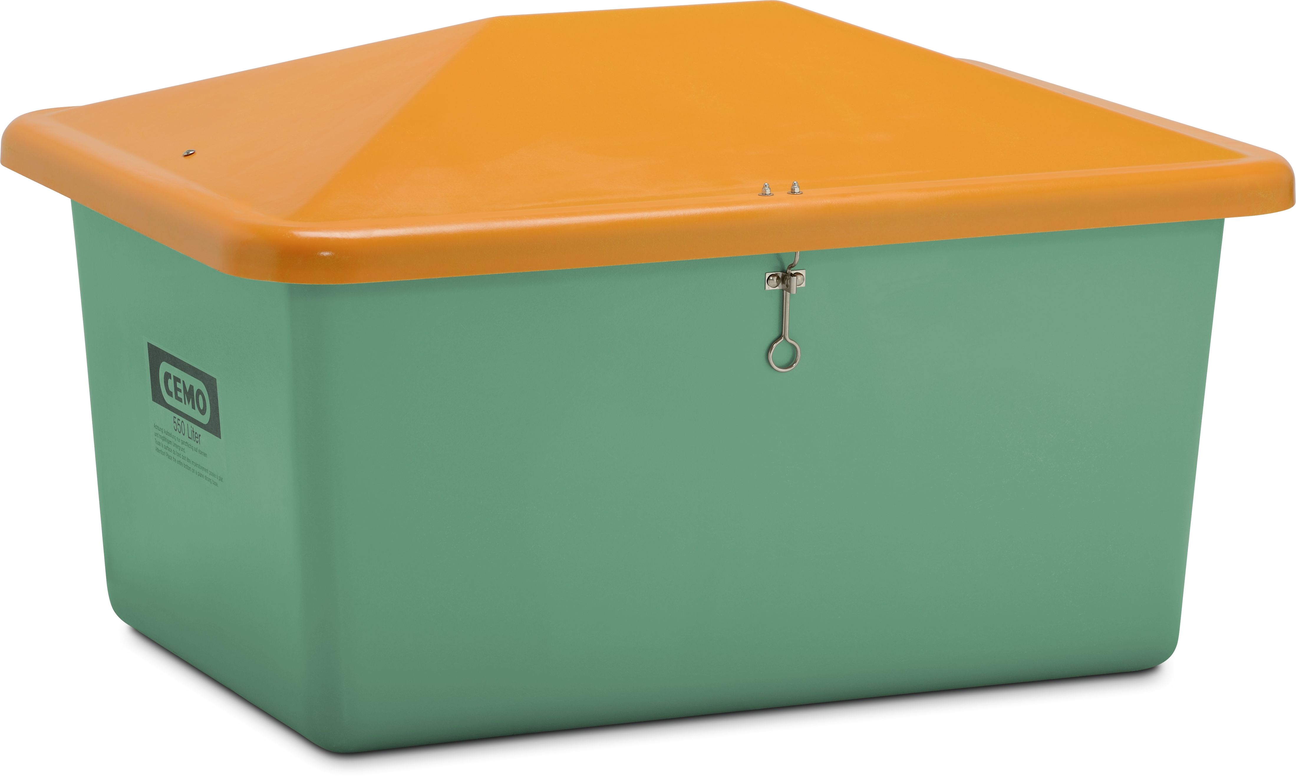 CEMO Streugutbehälter "V" 550 l, grün/orange, mit Vandalismusdeckel - 10900