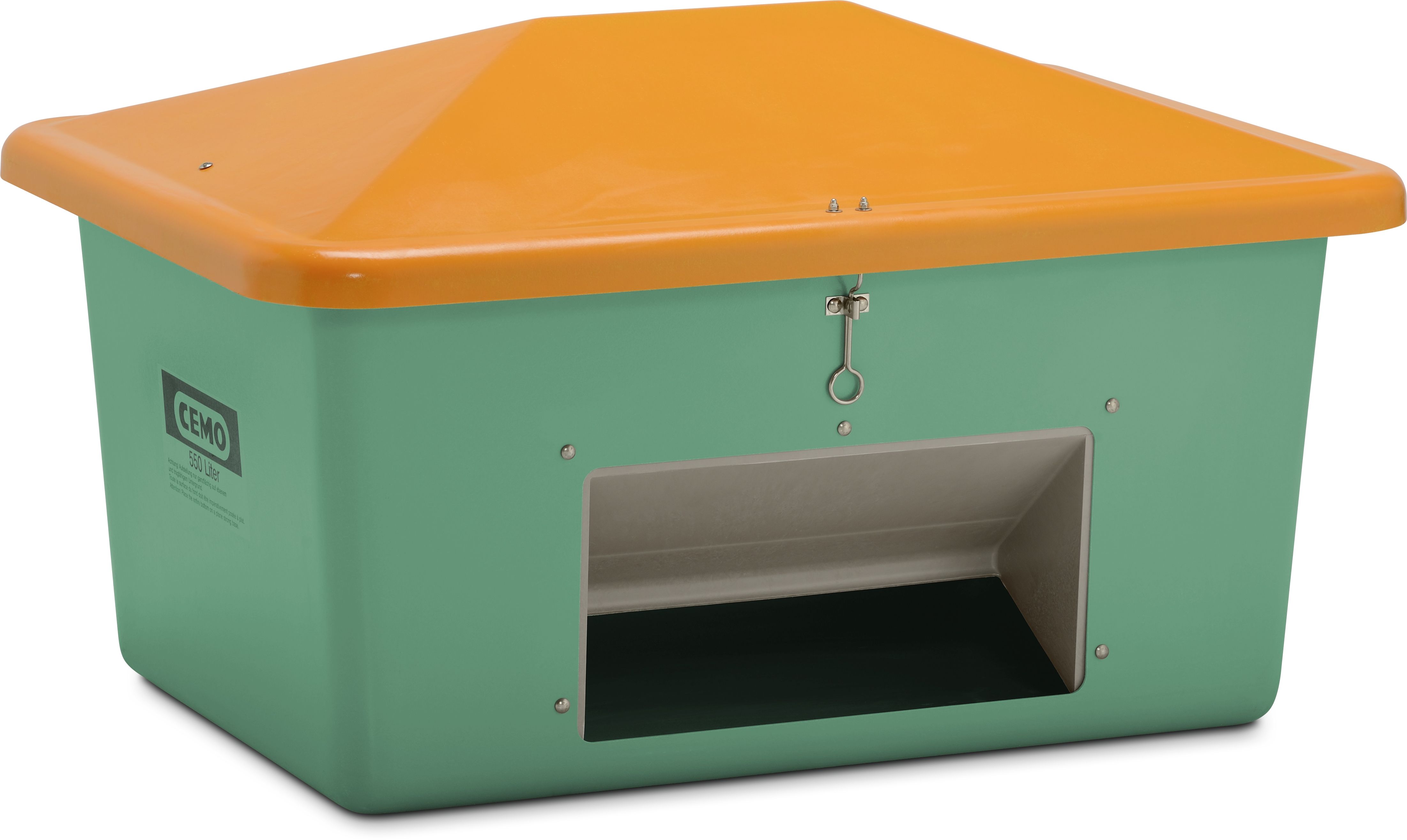 CEMO Streugutbehälter "V" 550 l, grün/orange, mit Vandalismusdeckel - 10901